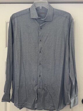 Corneliani Men's 17.5/44 Blue Cotton Jersey Knit Spread Collar Shirt Made Italy